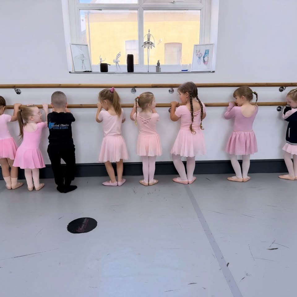 Young ballet students lined up at the studio barre